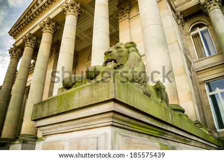 The lion statue in front of the Bolton Town Hall in England.
