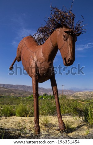 The metal horse on the California desert hilltop near Temecula, California.