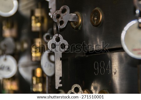 The vintage safety deposit box and key.