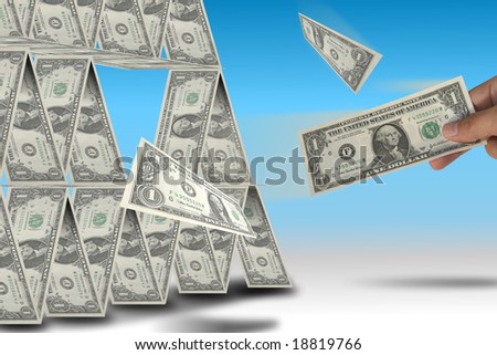 United States financial crisis metaphor. A hand subtracting dollars from a money pyramid.
