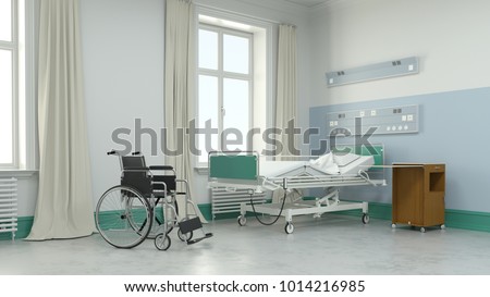 Empty hospital room with bed and wheelchair in nursing home (3D Rendering)