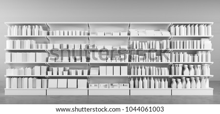 Many white products on the shelf in the supermarket to choose from (3D Rendering)