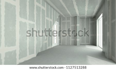 Flattened drywall walls in a room of a house (3d rendering)