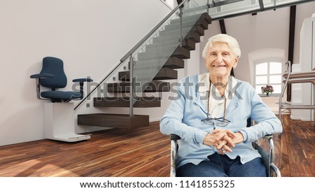 Satisfied senior citizen in wheelchair in front of stair lift at home (3D Rendering)