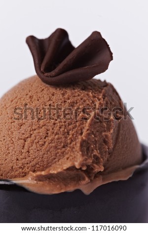 Scoop of homemade chocolate ice cream with chocolate decoration