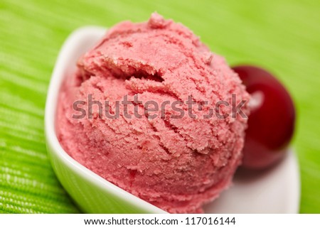 Scoop of cherry ice cream in a bowl