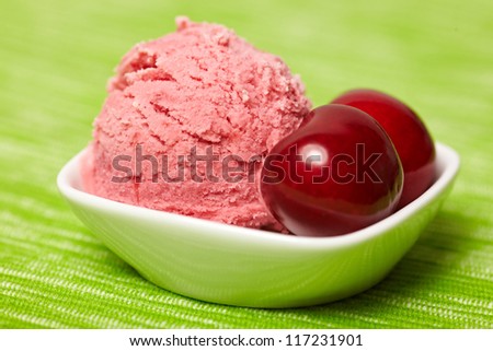 A bowl of homemade cherry ice cream with sweet red cherries