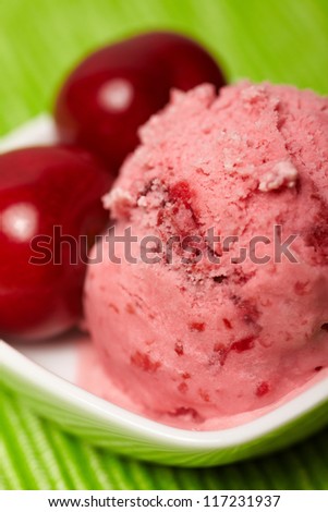 Homemade cherry ice cream with red cherries