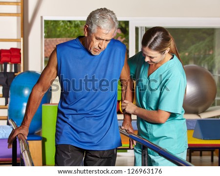 Senior Man Doing Running Training With Physiotherapist In Nursing Home