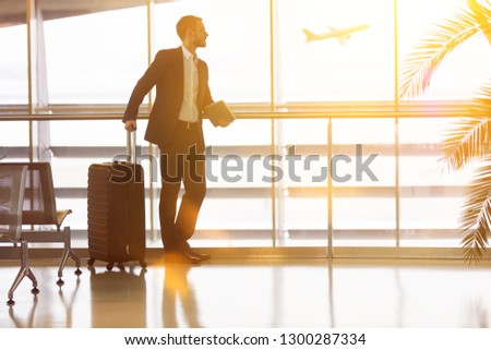 Businessman with luggage on travel at the airport in summer