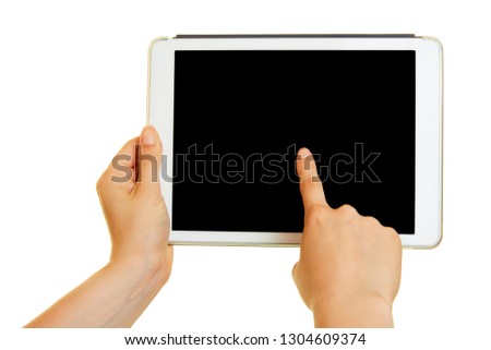 Finger on touch screen of tablet computer for user experience design mockup
