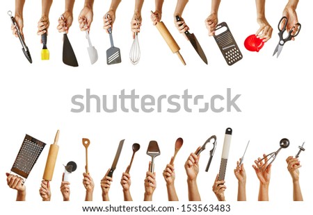 Frame With Many Hands Holding Different Kitchen Tools Like Knife, Scissors And Spoon
