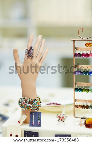 Artifical hand to display jewelry and rings in a jeweler shop