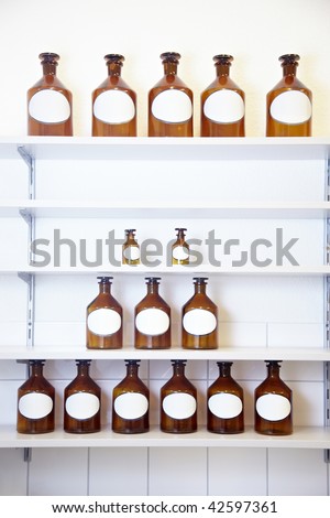 Many drug bottles in a pharmacy lab