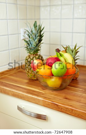 Colorful fruit bowl on a kitchen counter