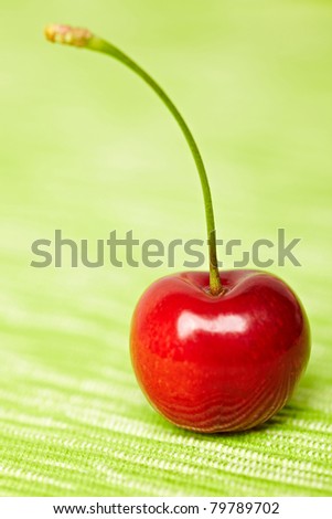 Portrait of a single red ripe cherry on green tablecloth