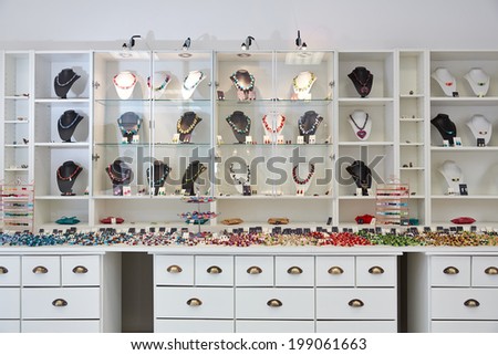 Interior design of jewelry store with product presentation displays