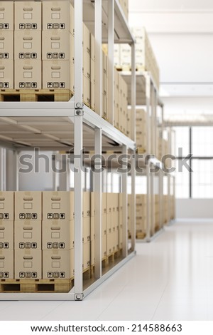 Full warehouse interior with many boxes in the shelves Full warehouse interior with many boxes in the shelves