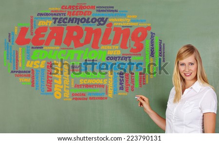 Smiling woman drawing learning and education tag cloud on a chalkboard