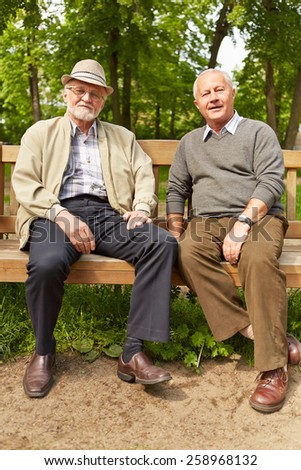 Two senior men sitting on a park bench in summer