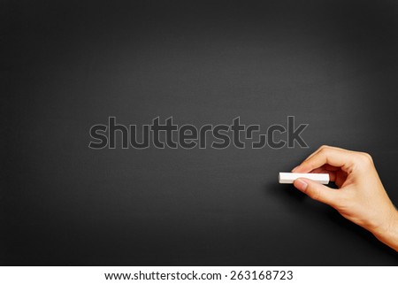 Hand in front of clean blackboard