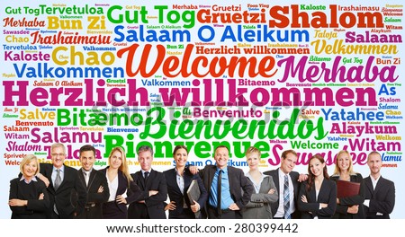 Successful business team saying welcome in tag cloud with many languages