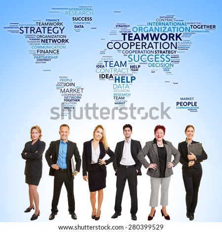 International business teamwork cooperation with many lawyers stand in front of world map