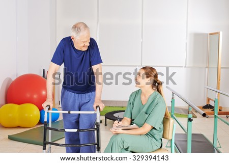 Old man with walker in physical therapy in a nursing home