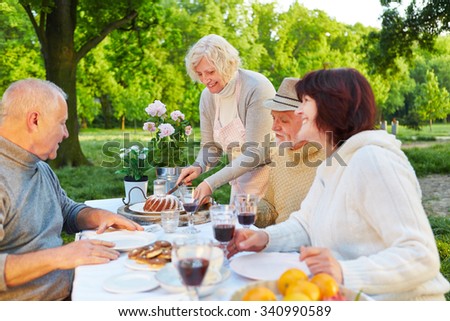 Family with senior people eating cake at birthday party in a garden