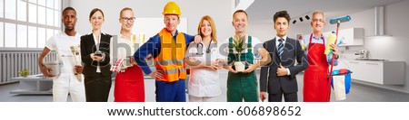 Blue collar worker and business team in front of an apartment loft