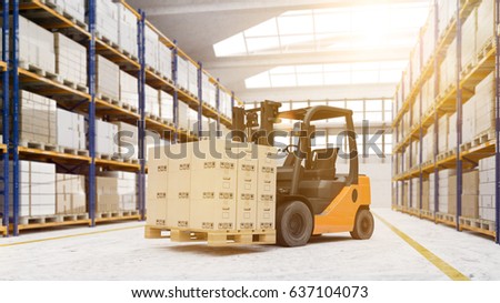 Pallet transporter in warehouse with boxes on it (3D Rendering)