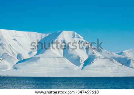 The waves of the Arctic Ocean and the snow-capped mountains of the Spitsbergen archipelago.