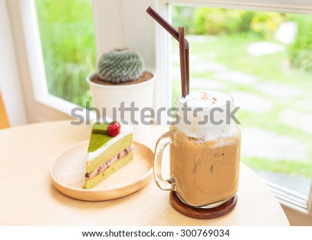 Ice coffee with japanese matcha green tea cake red bean cream