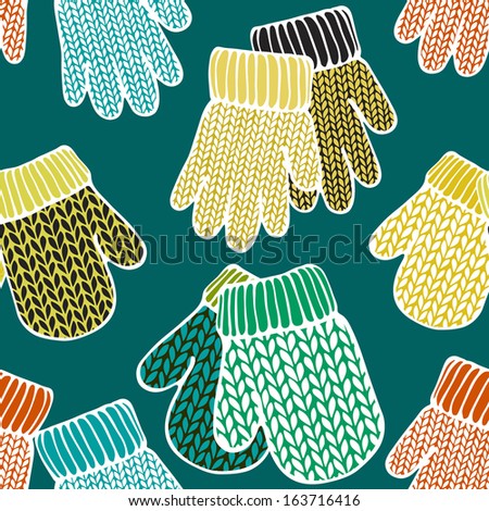 Seamless pattern with colorful stylized mittens. Winter background, template for your design and decoration