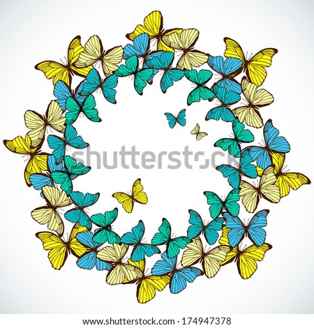 Round frame with decorative butterflies. Ornament with place for text. Template for your design