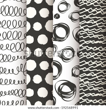 Set of 4 black and white doodle seamless patterns. Vector illustration