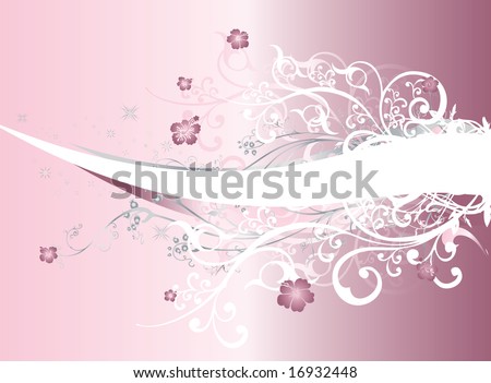 A light pink and purple gradient background with intricate flowers, white swirls and arabesques