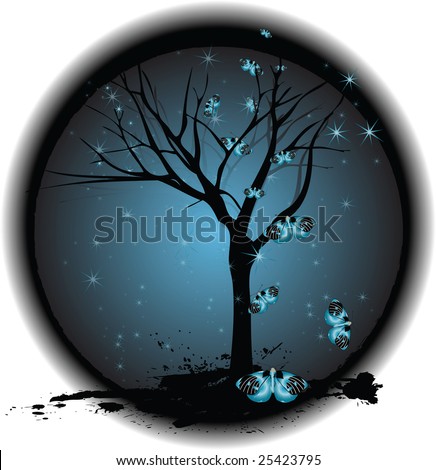  A gothic grungy tree on a dark background surrounded by butterflies and 