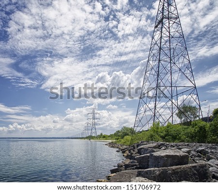 Hydro towers on the shore of Lake Ontario near Hamilton Ontario.