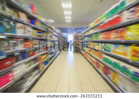 Empty supermarket aisle, motion blur