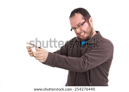angry man sending text message on his mobile phone isolated on white background
