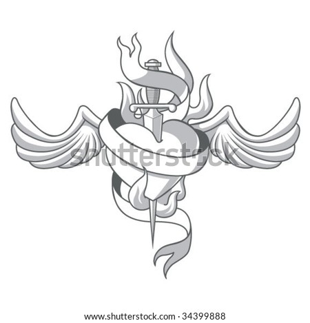 stock vector Scared Heart with Dagger and Wing Tattoo