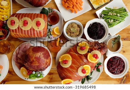 Roasted turkey and Ham for Festive dinner, Christmas dinner, Holiday table, Thanksgiving day celebration