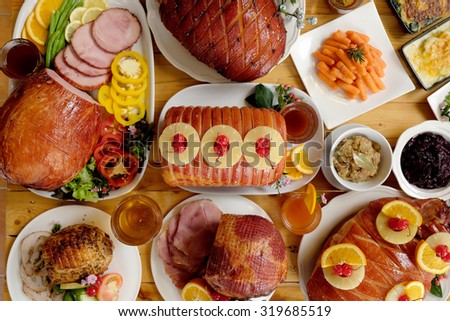 Roasted turkey and Ham for Festive dinner, Christmas dinner, Holiday table, Thanksgiving day celebration