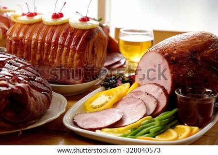 Roasted Ham for Festive dinner, Christmas dinner, Holiday table, Thanksgiving day celebration