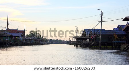 A klong of Bangkok. On both sides are stilt houses. Klongs are the canals, that branch off from Chao Phraya river, the big river of Bangkok. The klong is the only way to get to these houses.