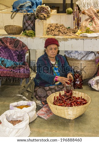 THIMPU, BHUTAN -  FEBRUARY 02, 2014: A market vendor in her booth on the vegetable market of Thimpu, Bhutan