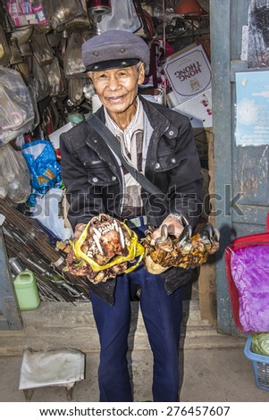 KENG TUNG, MYANMAR - JANUARY 29, 2015: a maret seller is presenting  a tiger paw and skull as shamanic medicine on the market of Keng Tung, Myanmar