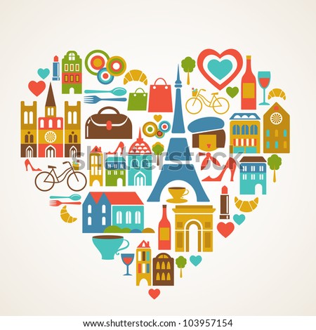 Paris love vector illustration with set of icons Paris love vector illustration with set of icons