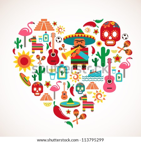 Mexico love heart with set of vector illustrations Mexico love heart with set of vector illustrations